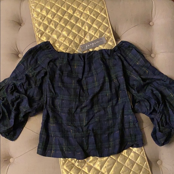 Plaid Off the Shoulder Top with Puff Sleeves - Picture 2 of 6